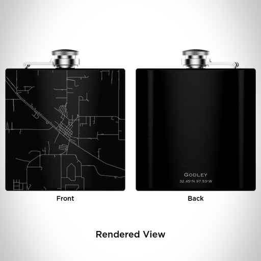 Rendered View of Godley Texas Map Engraving on 6oz Stainless Steel Flask in Black