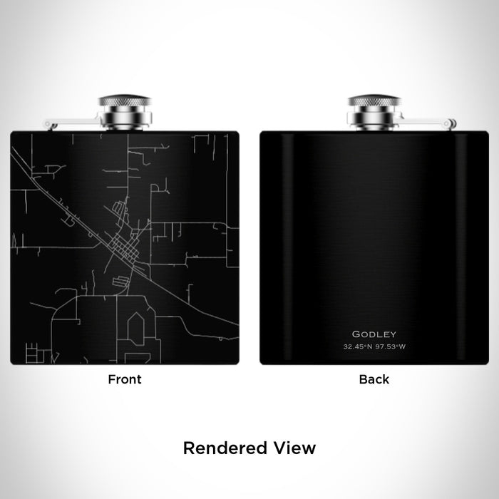 Rendered View of Godley Texas Map Engraving on 6oz Stainless Steel Flask in Black