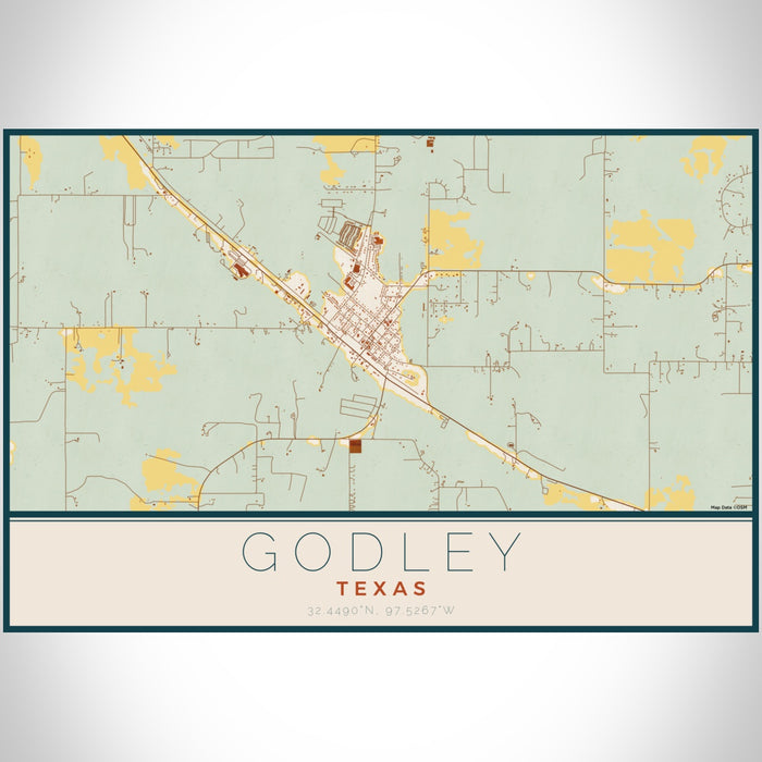 Godley Texas Map Print Landscape Orientation in Woodblock Style With Shaded Background