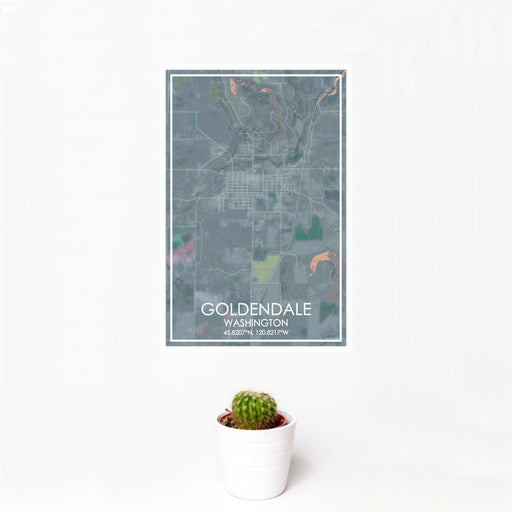 12x18 Goldendale Washington Map Print Portrait Orientation in Afternoon Style With Small Cactus Plant in White Planter