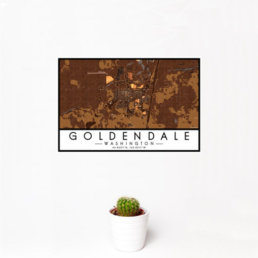 12x18 Goldendale Washington Map Print Landscape Orientation in Ember Style With Small Cactus Plant in White Planter