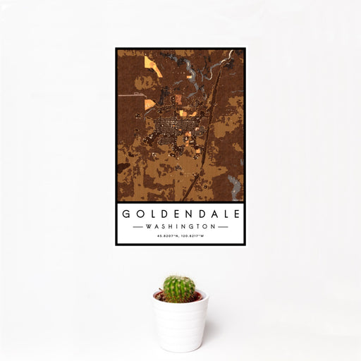 12x18 Goldendale Washington Map Print Portrait Orientation in Ember Style With Small Cactus Plant in White Planter