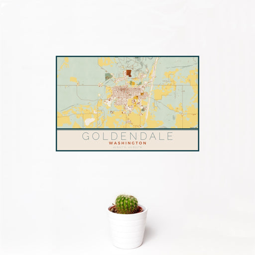 12x18 Goldendale Washington Map Print Landscape Orientation in Woodblock Style With Small Cactus Plant in White Planter