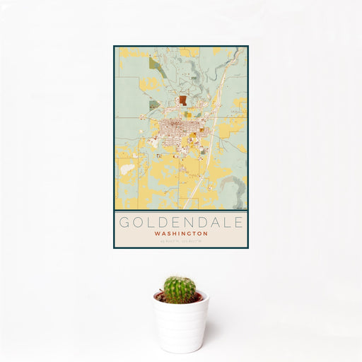 12x18 Goldendale Washington Map Print Portrait Orientation in Woodblock Style With Small Cactus Plant in White Planter