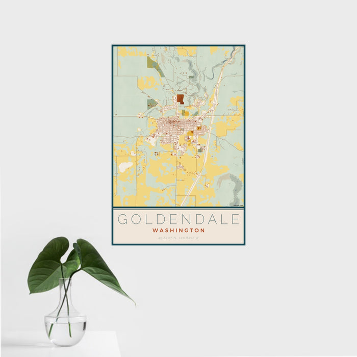 16x24 Goldendale Washington Map Print Portrait Orientation in Woodblock Style With Tropical Plant Leaves in Water