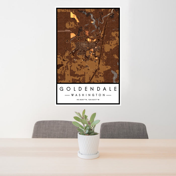 24x36 Goldendale Washington Map Print Portrait Orientation in Ember Style Behind 2 Chairs Table and Potted Plant