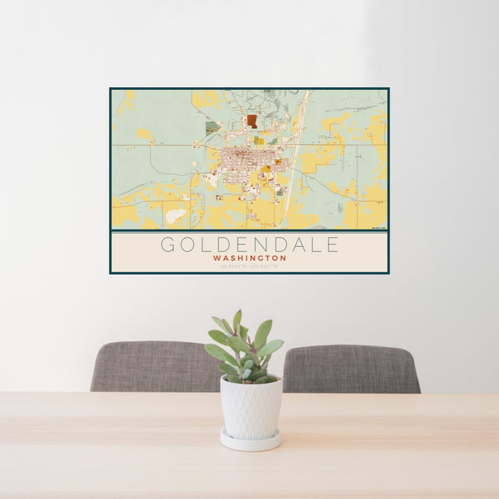 24x36 Goldendale Washington Map Print Lanscape Orientation in Woodblock Style Behind 2 Chairs Table and Potted Plant