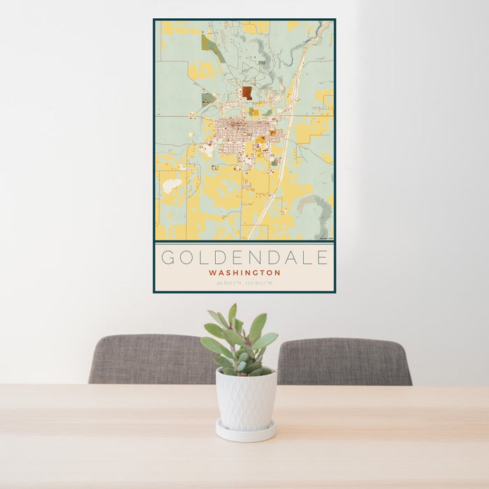 24x36 Goldendale Washington Map Print Portrait Orientation in Woodblock Style Behind 2 Chairs Table and Potted Plant