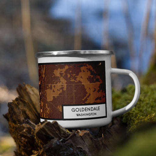 Right View Custom Goldendale Washington Map Enamel Mug in Ember on Grass With Trees in Background