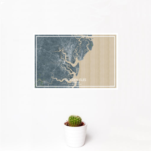 12x18 Golden Isles Georgia Map Print Landscape Orientation in Afternoon Style With Small Cactus Plant in White Planter