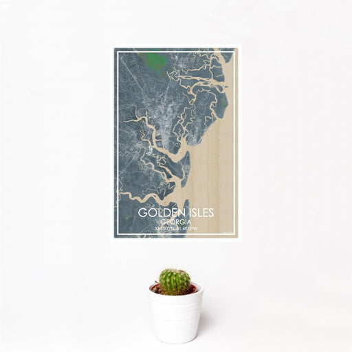 12x18 Golden Isles Georgia Map Print Portrait Orientation in Afternoon Style With Small Cactus Plant in White Planter