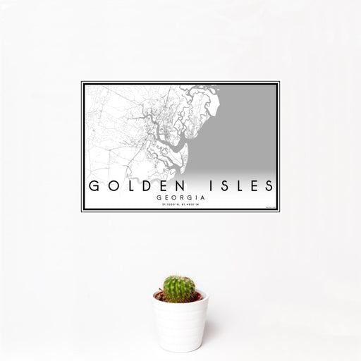 12x18 Golden Isles Georgia Map Print Landscape Orientation in Classic Style With Small Cactus Plant in White Planter