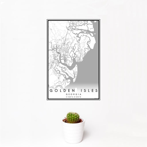 12x18 Golden Isles Georgia Map Print Portrait Orientation in Classic Style With Small Cactus Plant in White Planter