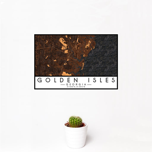 12x18 Golden Isles Georgia Map Print Landscape Orientation in Ember Style With Small Cactus Plant in White Planter