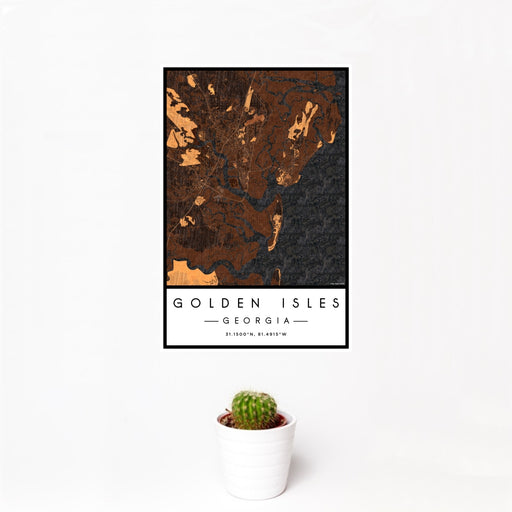 12x18 Golden Isles Georgia Map Print Portrait Orientation in Ember Style With Small Cactus Plant in White Planter