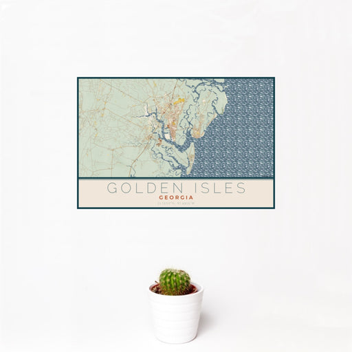 12x18 Golden Isles Georgia Map Print Landscape Orientation in Woodblock Style With Small Cactus Plant in White Planter