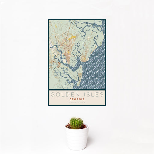 12x18 Golden Isles Georgia Map Print Portrait Orientation in Woodblock Style With Small Cactus Plant in White Planter