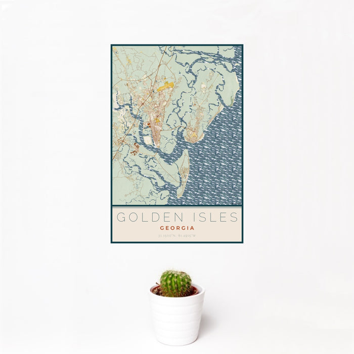 12x18 Golden Isles Georgia Map Print Portrait Orientation in Woodblock Style With Small Cactus Plant in White Planter