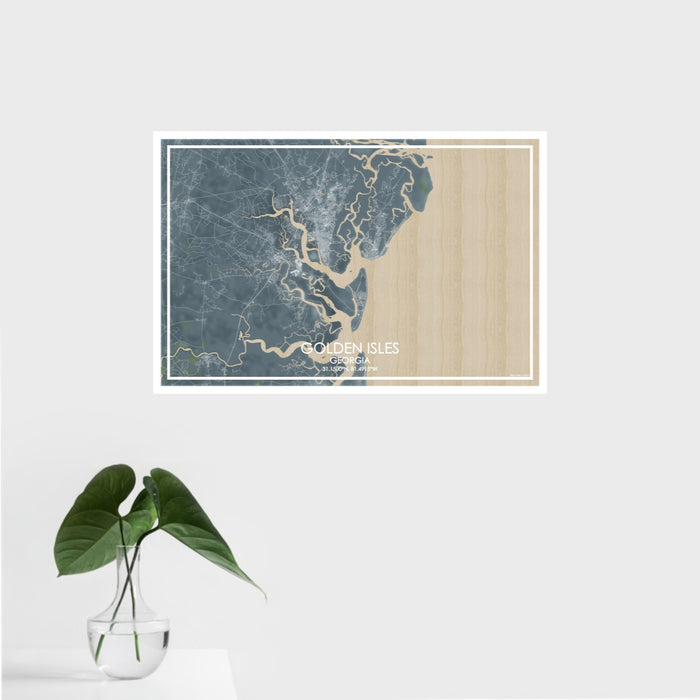 16x24 Golden Isles Georgia Map Print Landscape Orientation in Afternoon Style With Tropical Plant Leaves in Water