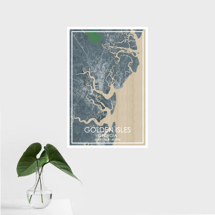 16x24 Golden Isles Georgia Map Print Portrait Orientation in Afternoon Style With Tropical Plant Leaves in Water