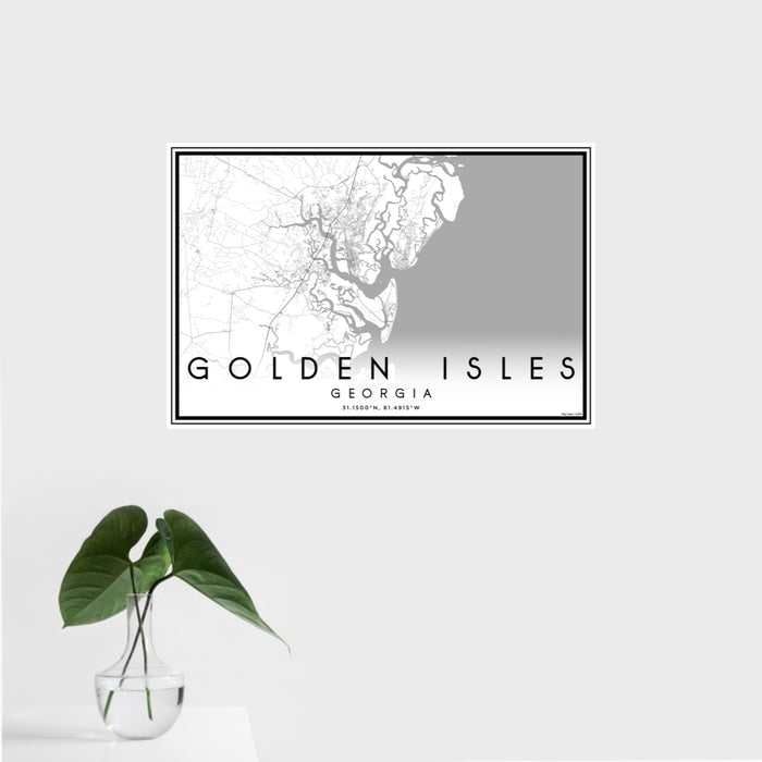 16x24 Golden Isles Georgia Map Print Landscape Orientation in Classic Style With Tropical Plant Leaves in Water