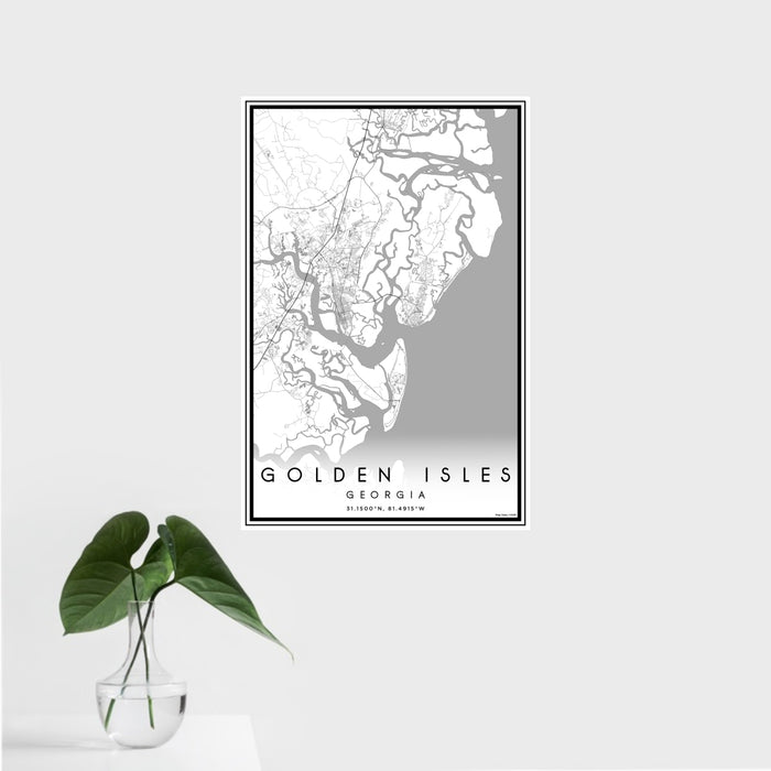 16x24 Golden Isles Georgia Map Print Portrait Orientation in Classic Style With Tropical Plant Leaves in Water