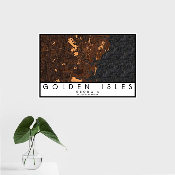 16x24 Golden Isles Georgia Map Print Landscape Orientation in Ember Style With Tropical Plant Leaves in Water