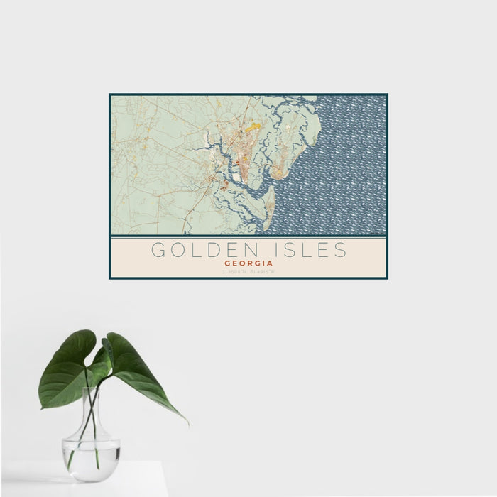 16x24 Golden Isles Georgia Map Print Landscape Orientation in Woodblock Style With Tropical Plant Leaves in Water