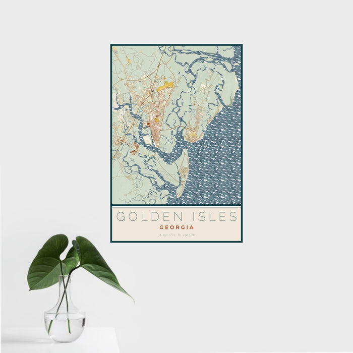 16x24 Golden Isles Georgia Map Print Portrait Orientation in Woodblock Style With Tropical Plant Leaves in Water