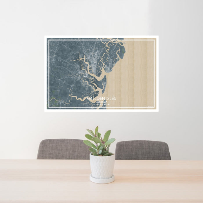 24x36 Golden Isles Georgia Map Print Lanscape Orientation in Afternoon Style Behind 2 Chairs Table and Potted Plant