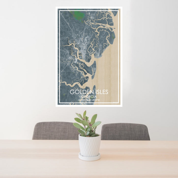 24x36 Golden Isles Georgia Map Print Portrait Orientation in Afternoon Style Behind 2 Chairs Table and Potted Plant