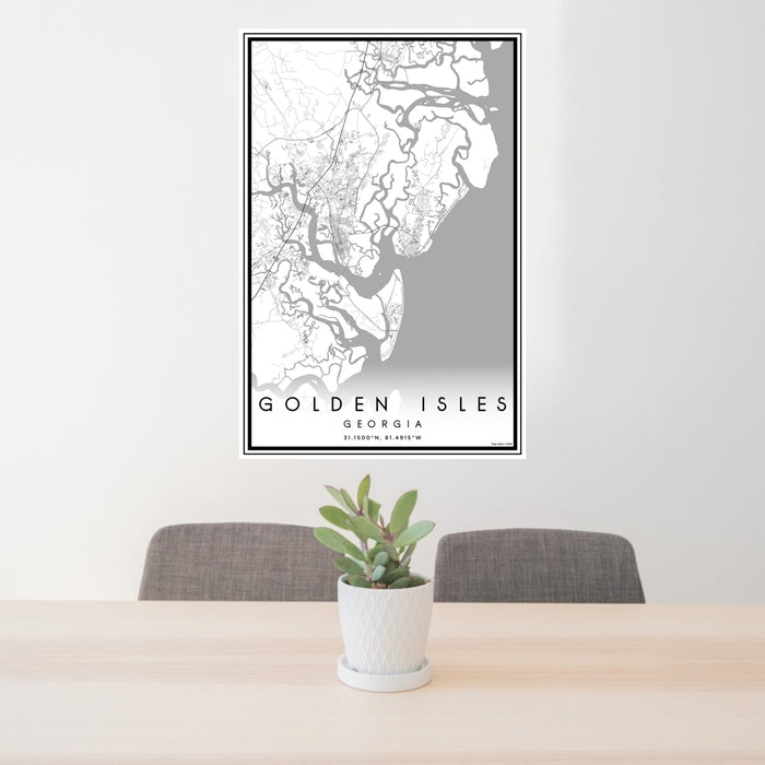 24x36 Golden Isles Georgia Map Print Portrait Orientation in Classic Style Behind 2 Chairs Table and Potted Plant