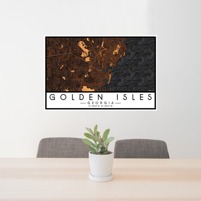 24x36 Golden Isles Georgia Map Print Lanscape Orientation in Ember Style Behind 2 Chairs Table and Potted Plant