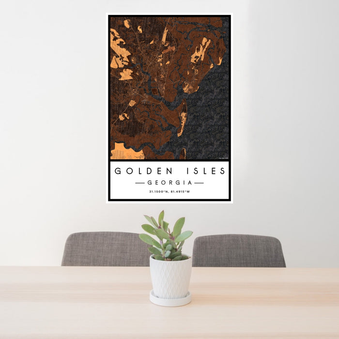 24x36 Golden Isles Georgia Map Print Portrait Orientation in Ember Style Behind 2 Chairs Table and Potted Plant