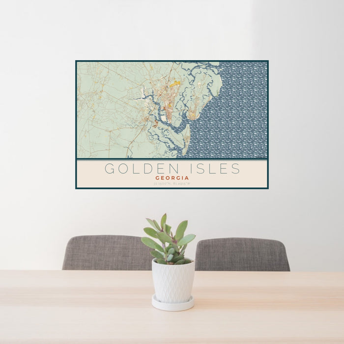 24x36 Golden Isles Georgia Map Print Lanscape Orientation in Woodblock Style Behind 2 Chairs Table and Potted Plant