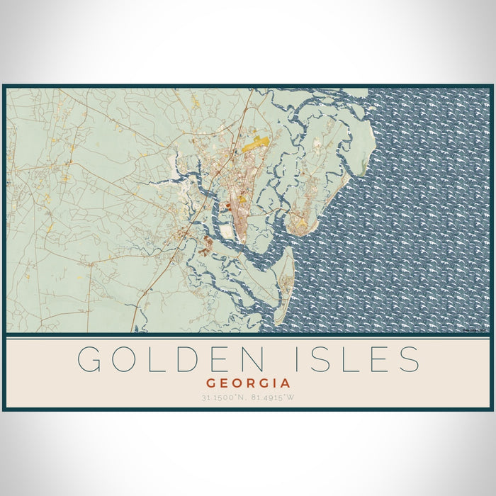 Golden Isles Georgia Map Print Landscape Orientation in Woodblock Style With Shaded Background