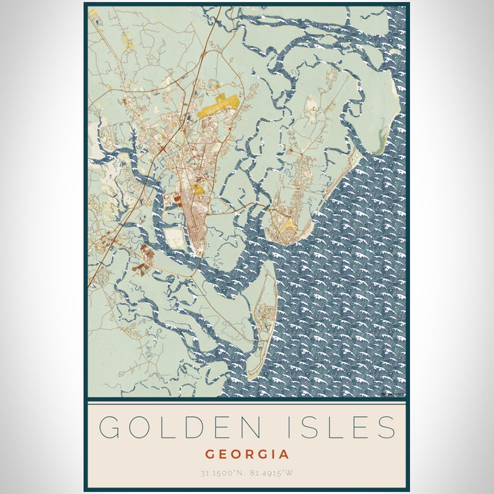 Golden Isles Georgia Map Print Portrait Orientation in Woodblock Style With Shaded Background