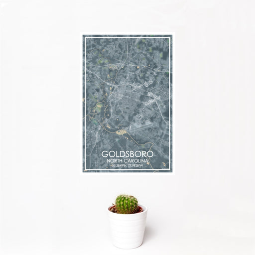 12x18 Goldsboro North Carolina Map Print Portrait Orientation in Afternoon Style With Small Cactus Plant in White Planter