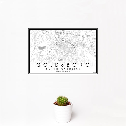 12x18 Goldsboro North Carolina Map Print Landscape Orientation in Classic Style With Small Cactus Plant in White Planter