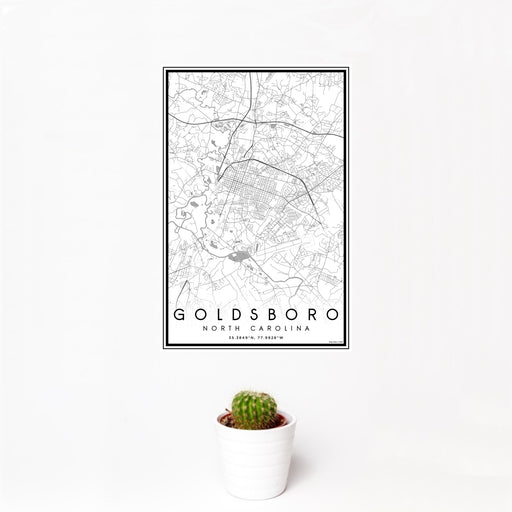 12x18 Goldsboro North Carolina Map Print Portrait Orientation in Classic Style With Small Cactus Plant in White Planter