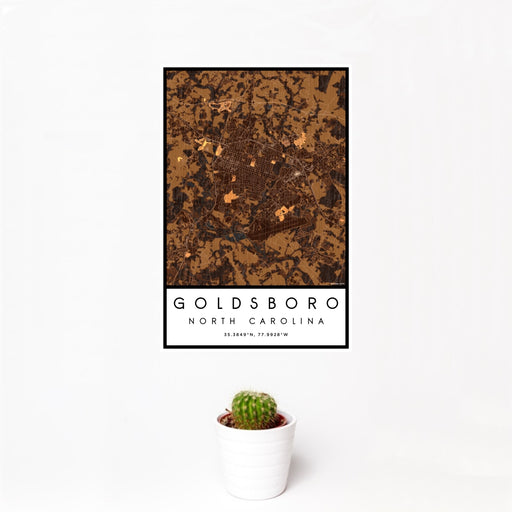 12x18 Goldsboro North Carolina Map Print Portrait Orientation in Ember Style With Small Cactus Plant in White Planter