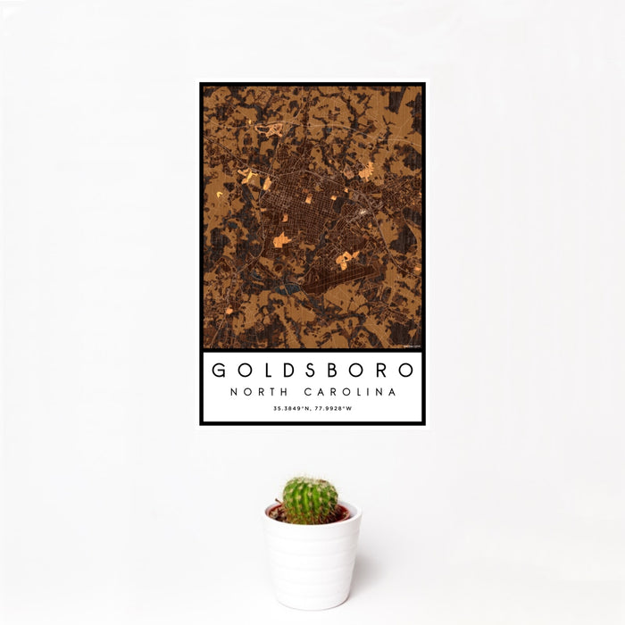 12x18 Goldsboro North Carolina Map Print Portrait Orientation in Ember Style With Small Cactus Plant in White Planter