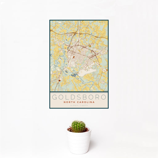 12x18 Goldsboro North Carolina Map Print Portrait Orientation in Woodblock Style With Small Cactus Plant in White Planter