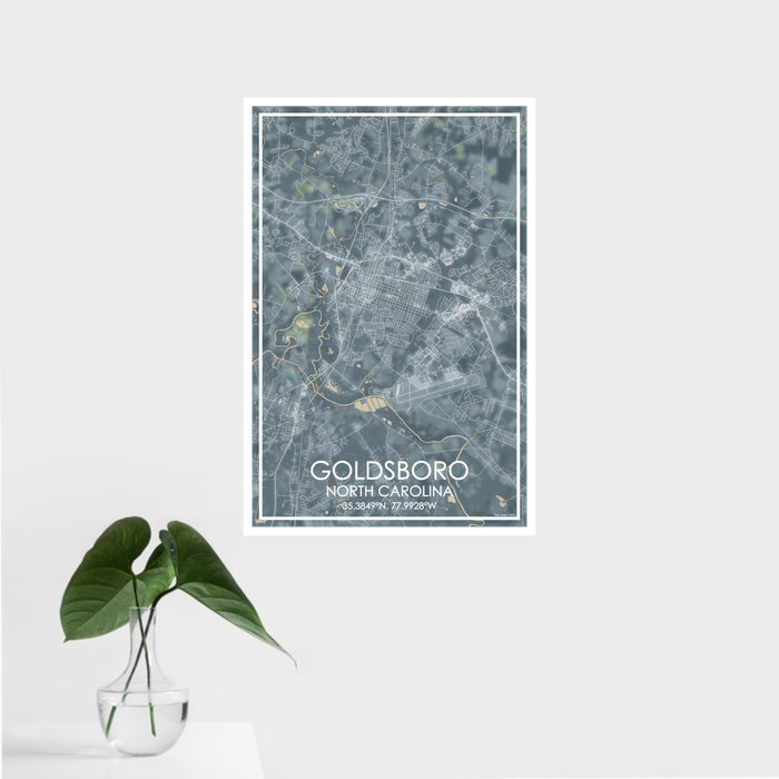 16x24 Goldsboro North Carolina Map Print Portrait Orientation in Afternoon Style With Tropical Plant Leaves in Water