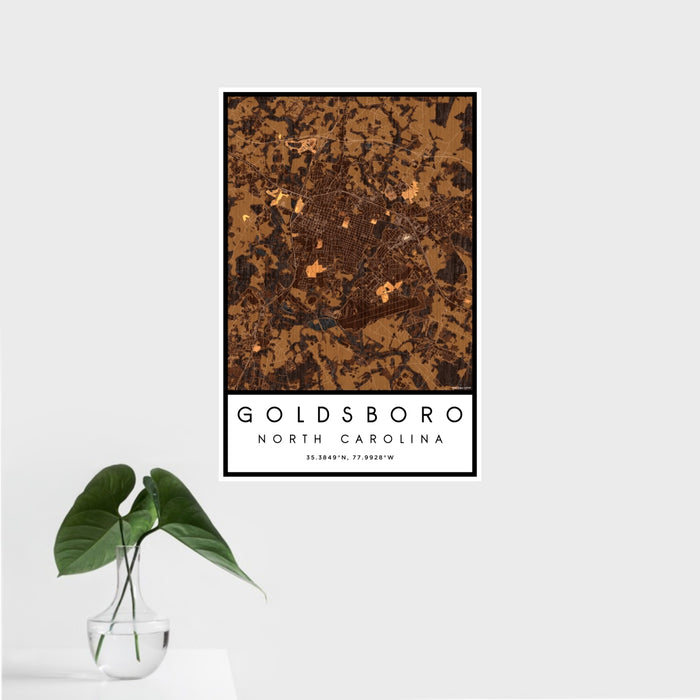 16x24 Goldsboro North Carolina Map Print Portrait Orientation in Ember Style With Tropical Plant Leaves in Water