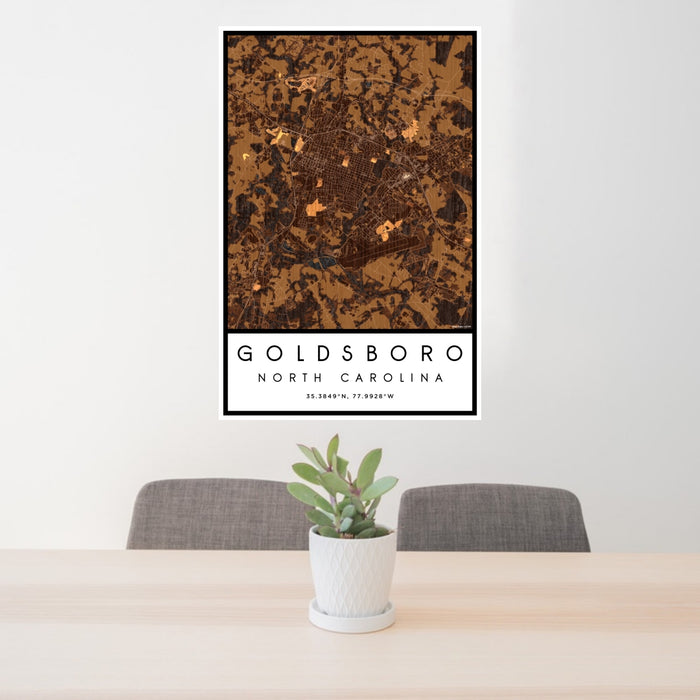 24x36 Goldsboro North Carolina Map Print Portrait Orientation in Ember Style Behind 2 Chairs Table and Potted Plant