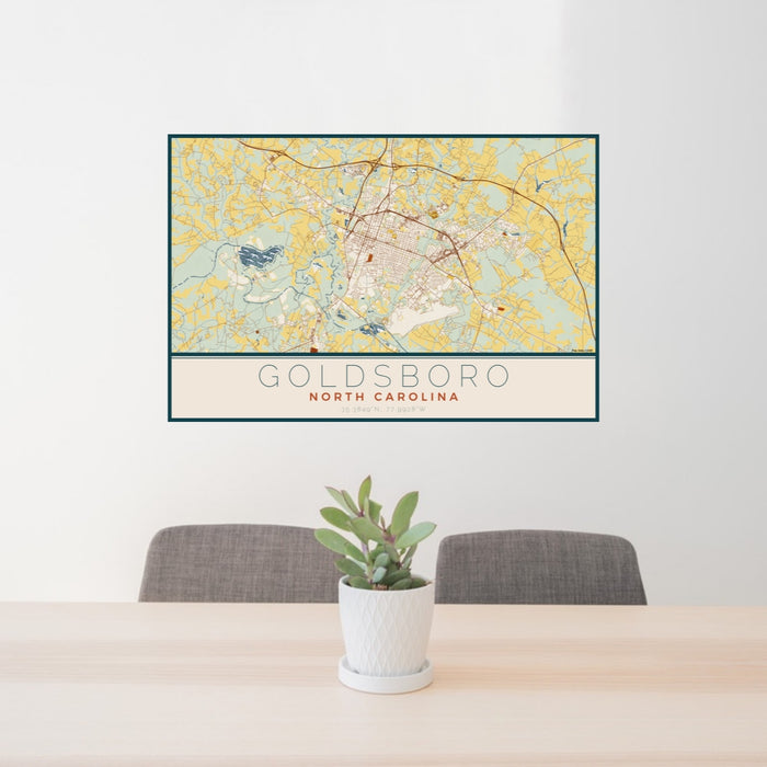 24x36 Goldsboro North Carolina Map Print Lanscape Orientation in Woodblock Style Behind 2 Chairs Table and Potted Plant