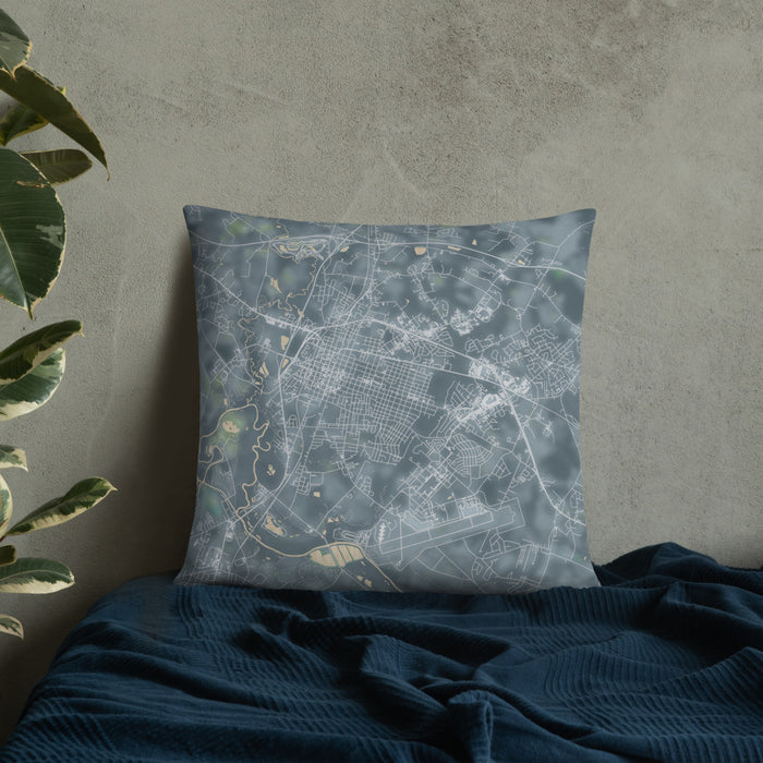 Custom Goldsboro North Carolina Map Throw Pillow in Afternoon on Bedding Against Wall
