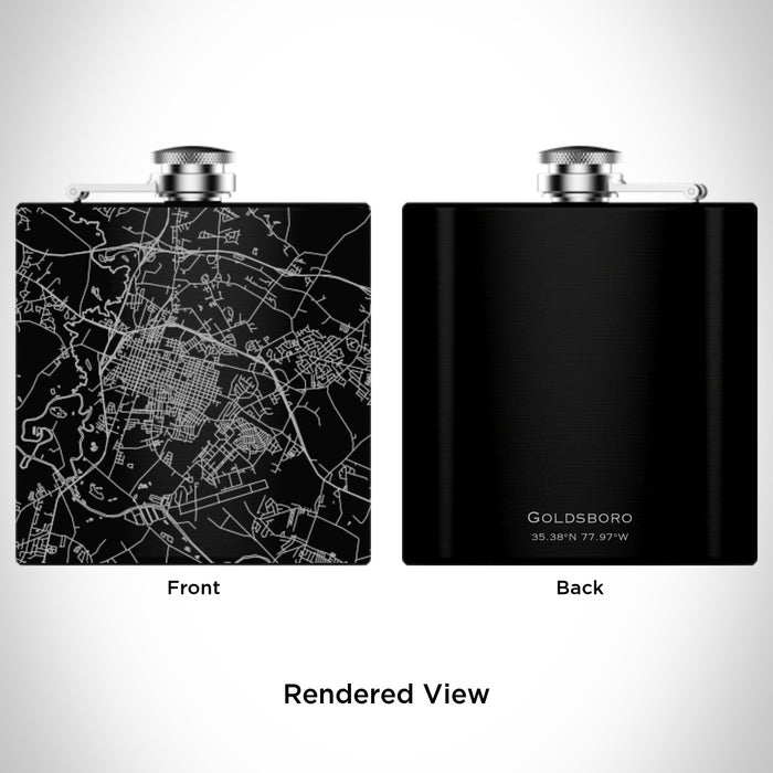 Rendered View of Goldsboro North Carolina Map Engraving on 6oz Stainless Steel Flask in Black