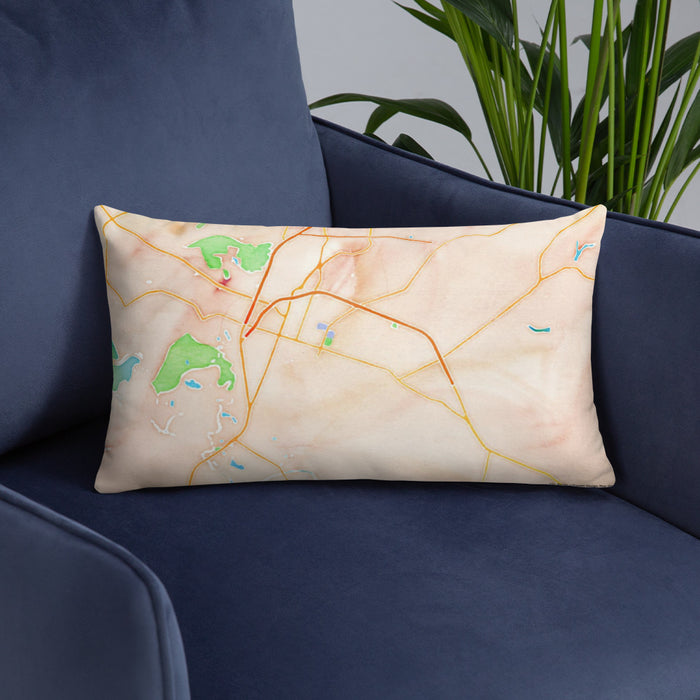 Custom Goldsboro North Carolina Map Throw Pillow in Watercolor on Blue Colored Chair